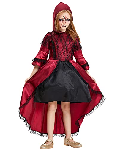 IKALI Viktorianisches Vampir Kostüm Mädchen Kapuze rotes Kleid Kleinkind Phantasie Outfit für Halloween Royal Party 4-6 Jahre von IKALI