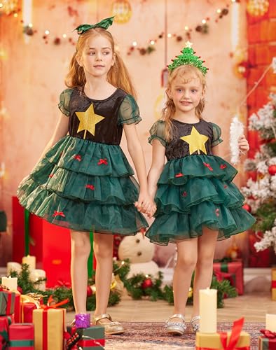 IKALI Weihnachtsbaum Kostüme Mädchen Santa Claus Fancy Kleid Outfit Kinder Weihnachtself Grün Kleid mit Stirnbändern von IKALI