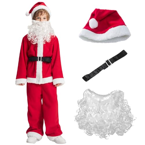 IKALI Weihnachtsmann Kostüm Kinder Weihnachten Fancy Outfits für Jungen Santa Rollenspiel Anzug mit Hut Weißer Bart Gürtel 3-4 Jahre von IKALI