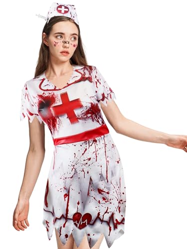 IKALI Zombie Krankenschwester Kostüm Damen, Halloween Fancy Outfit Krankenhaus Arbeiter blutige Uniform M von IKALI