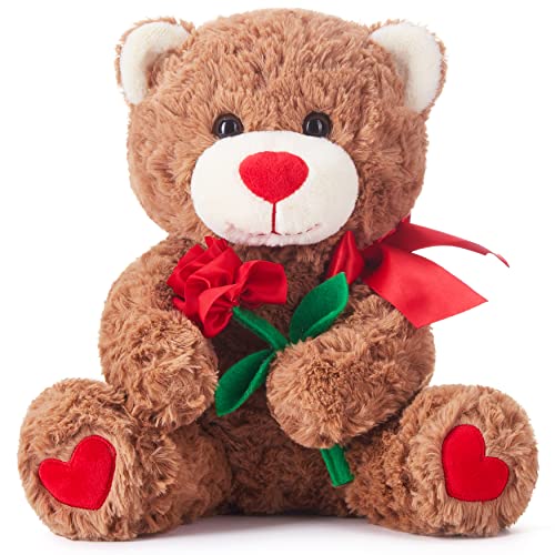 IKASA Teddybär Kuscheltier Liebes Plüschtier mit Schleife für Valentinstag, süßer 27cm Plüsch mit Rosen weichem Spielzeug, Valentinstagsgeschenke von IKASA