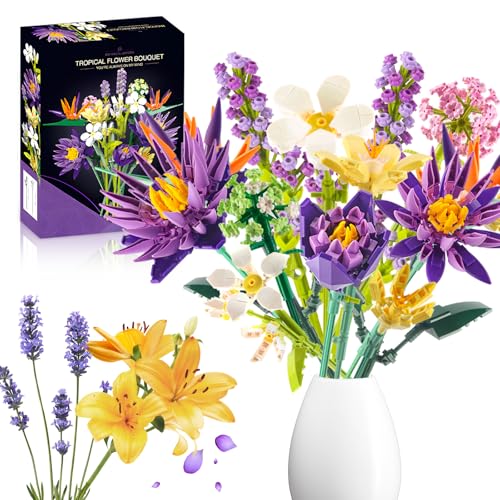 Blumenstrauß Bausteine Set, 13 Künstliche Botanische Sammlung Blumen Baustein-Kits, Paradiesvögel Blumenstrauß Pflanzensammlung Set Geschenk für Valentinstag, Muttertag 891pcs von IKIDSUN