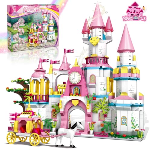 IKIDSUN Mädchen Friends Schloss Bausteine Spielzeug für 6 7 8 9 10 11 12 Jahren, Konstruktionsspielzeug 1000PCS Rosa STEM Schloss Prinzessin Kutsche Kreativbaukasten Spielzeug für Kindergeschenke von IKIDSUN