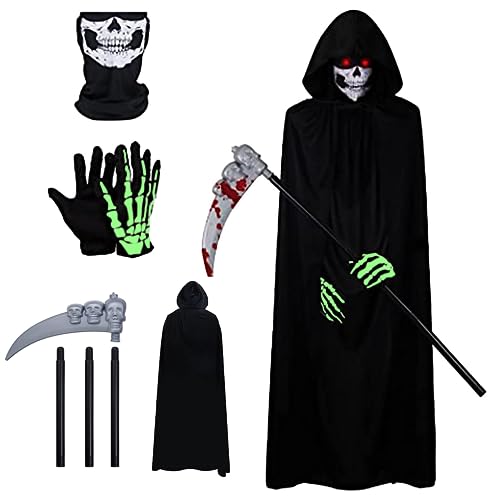 IKIJM Sensenmann Kostüm Karneval Umhang - Erwachsene Schädelmaske Sense Skelett Handschuhe Sensenmann Umhang mit Kapuze - Karneval Dekoration Kostüm Halloween Kostüm Set Cosplay von IKIJM