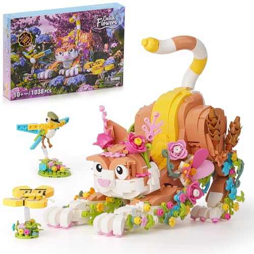 IKUPER Creator 3in1 Blumen Katze Bausteine Set, Friends Tiere Figuren mit Blume und Pflanze, Home und Zimmer-Deko, Weihnachten Ostern Ideen Geschenk für Mädchen ab 10 Jahren (1038 Stück) von IKUPER