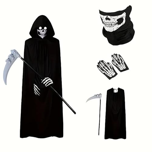 Elegantes Halloween Reaper Set, Halloween Kostüm Sensenmann mit Sense Schädelmaske Kostüme Set für Erwachsene Halloween Dekoration Cosplay Sensenmann Schwarz Umhang mit Kapuze (Set für Erwachsene) von ILESTDG