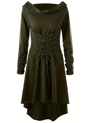 ILESTDG Renaissance Kostüm Damen Mittelalter Kleid mit Kapuze, Gothic Kleid Damen Retro Mittelalterliches Kostüm, Kapuzenkleid Mittelalter Damen für Halloween Karneval Cosplay Party (Armeegrün,L) von ILESTDG