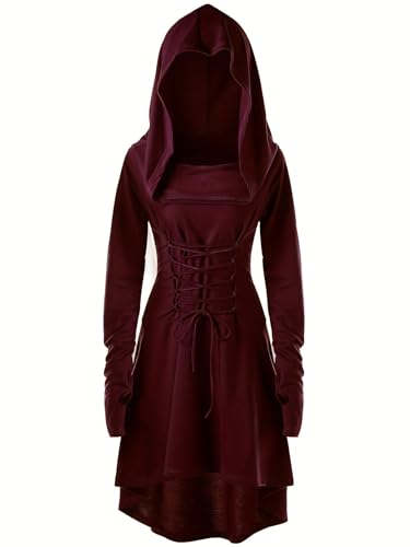 ILESTDG Renaissance Kostüm Damen Mittelalter Kleid mit Kapuze, Gothic Kleid Damen Retro Mittelalterliches Kostüm, Kapuzenkleid Mittelalter Damen für Halloween Karneval Cosplay Party (Burgund,2XL) von ILESTDG