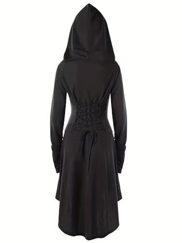 ILESTDG Renaissance Kostüm Damen Mittelalter Kleid mit Kapuze, Gothic Kleid Damen Retro Mittelalterliches Kostüm, Kapuzenkleid Mittelalter Damen für Halloween Karneval Cosplay Party (Schwarz,2XL) von ILESTDG