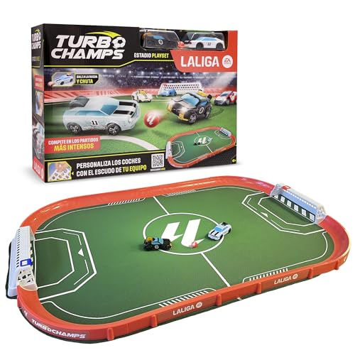 Turbo Champs LaLiga Stadion, mit 2 exklusiven Autos, die Leidenschaft für den Fußball verschmilzt mit dem Nervenkitzel der Autos, spielen Sie mit den Autos der Liga, Spielzeug für Jungen und Mädchen von IMC Toys