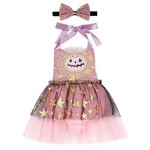 IMEKIS Baby Mädchen Halloween Kostüm Hexe Kürbis Verkleidung Ärmellose Pailletten Strampler Kleid und Stirnband 2tlg Fancy Cosplay Party Set Rosa+Schwarz 18-24 Monate von IMEKIS