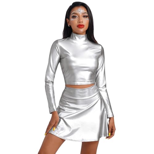 IMEKIS Damen Alien Kostüm Rave Outfit Karneval Glänzendes Metallisch Crop Top mit Minirock 2tlg Disco Tanz Clubwear Halloween Facshing Mottoparty Outfit Silber-Langarm L von IMEKIS