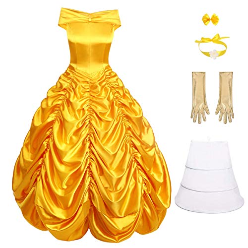 IMEKIS Damen Belle Kleid Hochzeit Festlichkleid Off Shoulder R?sche Maxikleid Prinzessin M?rchen Verkleiden Halloween Weihnachten Karneval Cosplay Party Outfit Erwachsene Klassisches Kost?m Gelb M von IMEKIS