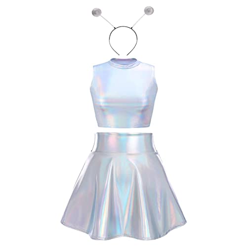 IMEKIS Damen Space Girl Alien Kost?m Karneval Gl?nzendes Metallisch Crop Top mit Minirock Alien Stirnband 3pcs Disco Club Dancewear Halloween Facshing Mottoparty Outfit Laser Silber-Rollkragen XL von IMEKIS