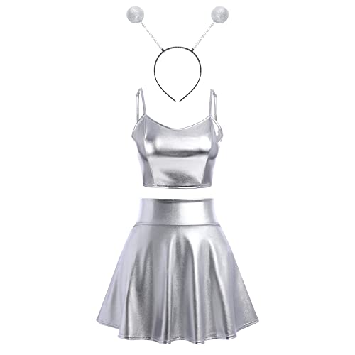 IMEKIS Damen Space Girl Alien Kostüm Karneval Glänzendes Metallisch Crop Top mit Minirock Alien Stirnband 3pcs Disco Club Dancewear Halloween Facshing Mottoparty Outfit Silber-Spaghettiträger XL von IMEKIS