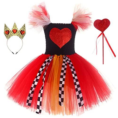 IMEKIS Herzkönigin Kostüm für Mädchen Alice im Wunderland Halloween Verkleidung mit Krone Zauberstab 3tlg Cosplay Party Set Prinzessin Blau Kleid und Schürze Märchen Geburtstag Karneval Outfit von IMEKIS