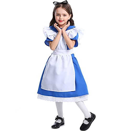 IMEKIS Herzkönigin Kostüm für Mädchen Alice im Wunderland Halloween Verkleidung mit Krone Zauberstab 3tlg Cosplay Party Set Prinzessin Blau Kleid und Schürze Märchen Geburtstag Karneval Outfit von IMEKIS