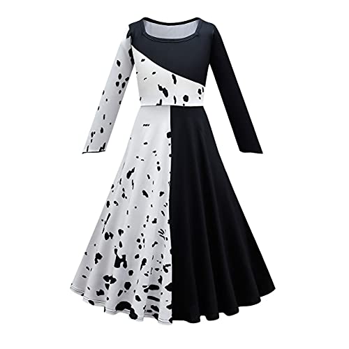 IMEKIS Kind Mädchen Cruella de Vil Kostüm Halloween Weihnachten Dalmatiner Verkleidung Schule Rollenspiel Kleidung Phantasie Weiß Schwarz Böse Geburtstag Cosplay Kleid 13-14 Jahre von IMEKIS