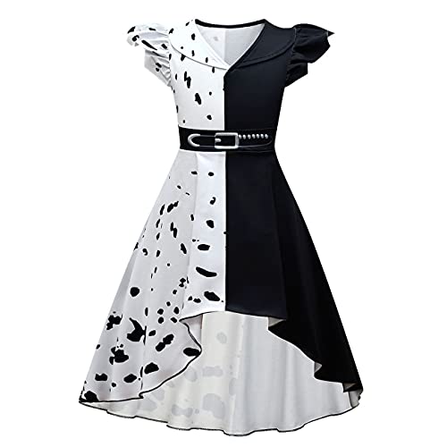 IMEKIS Kind M?dchen Cruella de Vil Kost?m Halloween Weihnachten Dalmatiner Verkleidung Schule Rollenspiel Kleidung Phantasie Wei? Schwarz B?se Geburtstag Cosplay Kleid von IMEKIS