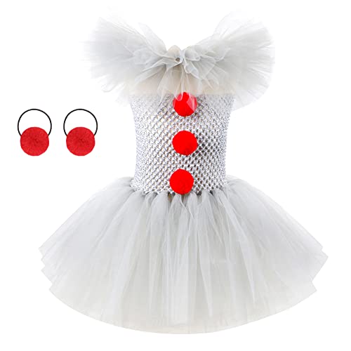 IMEKIS Kind Mädchen Fancy Clown Kostüm Prinzessin Gruseliges Halloween Cosplay Verkleiden Ärmelloses Pom Pom Rote Nase Tüllkleid mit Stirnband Geburtstag Karneval Party Outfit Grau 10-12 Jahre von IMEKIS