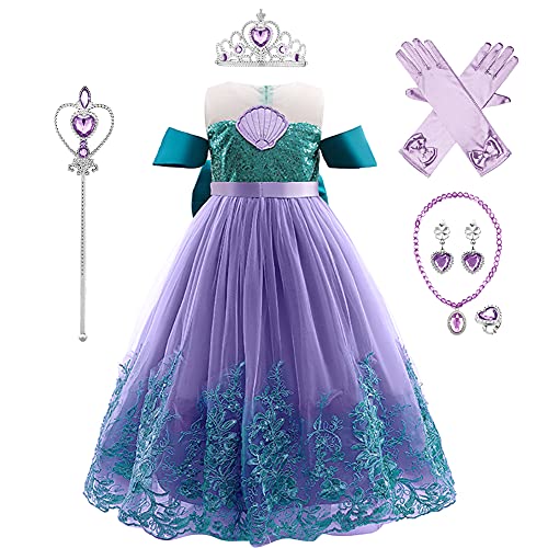 IMEKIS Kind Mädchen Kleine Meerjungfrau Kleid Prinzessin Pailletten Tutu Halloween Cosplay Verkleiden Weihnachten Karneval Kostüm mit Zubehör Geburtstag Urlaub Party Outfit Grün Lila 8-9 Jahre von IMEKIS