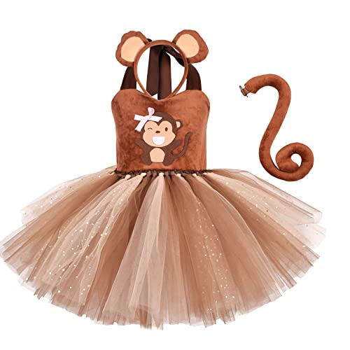 IMEKIS Kinder Baby Mädchen Tier Cosplay Kostüm Prinzessin Halloween Verkleidung Katze Schaf Affe Löwe Fuchs Tüllkleid mit Stirnband Schwanz 3tlg Geburtstag Weihnachts Karneval Outfit von IMEKIS