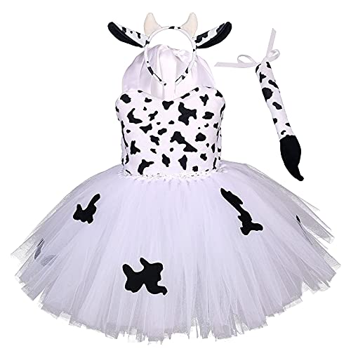 IMEKIS Kinder Baby Mädchen Tier Cosplay Kostüm Prinzessin Verkleidung Kuh Tüll Kleid mit Stirnband und Schwanz 3tlg Halloween Weihnachts Karneval Outfit Weiß 9-10 Jahre von IMEKIS