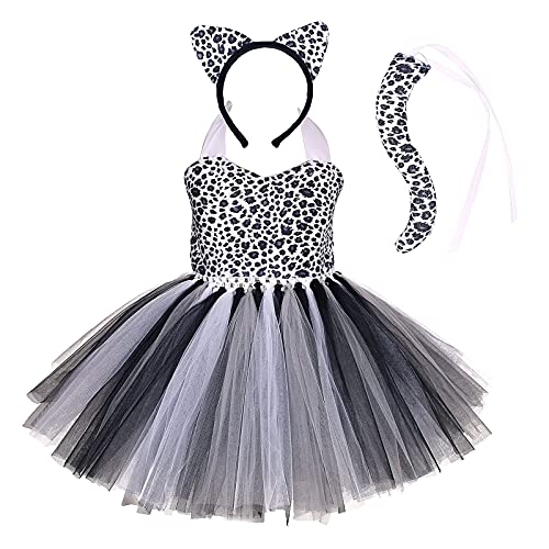 IMEKIS Kinder Baby Mädchen Tier Cosplay Kostüm Prinzessin Verkleidung Leopard Tüll Kleid mit Stirnband und Schwanz 3tlg Halloween Weihnachts Karneval Outfit Schwarz 9-10 Jahre von IMEKIS