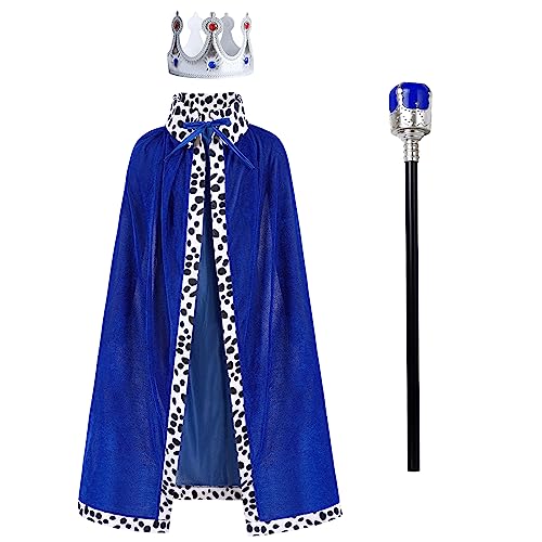 IMEKIS Kinder Jungen König Kostüm Prinz Samt Cape Mantel mit König Krone Zepter Outfit Königlich Verkleidung Rollenspiel Cosplay Kostüm für Halloween Karneval Blau (3tlg) 4-9 Jahre von IMEKIS