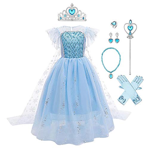 IMEKIS Kinder Mädchen Elsa Kostüm Prinzessin Eiskönigin Karneval Verkleidung Halloween Weihnachts Cosplay Partykleid Pailletten Schneeflocke Tüllkleid mit Zubehör Geburtstag Outfit Blau 4-5 Jahre von IMEKIS