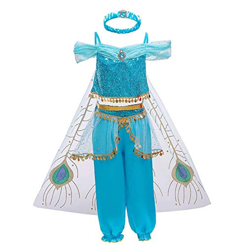 IMEKIS Mädchen Jasmin Kostüm Prinzessin Paillette Aladdin Arabische Tanzkleid Kinder Märchen Halloween Fest Verkleidung Weihnachten Karneval Cosplay Fasching Geburtstag Party Outfit Blau 4-5 Jahre von IMEKIS