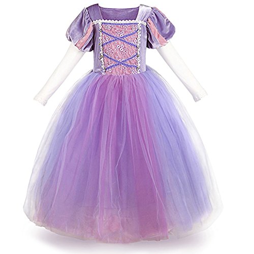 IMEKIS Kinder Mädchen Rapunzel Prinzessin Kostüm Langarm Spitze Tüll Partykleid Fancy Karneval Cosplay Verkleidung Hochzeit Geburtstag Abendkleid Festlich Outfit Lila 4-5 Jahre von IMEKIS