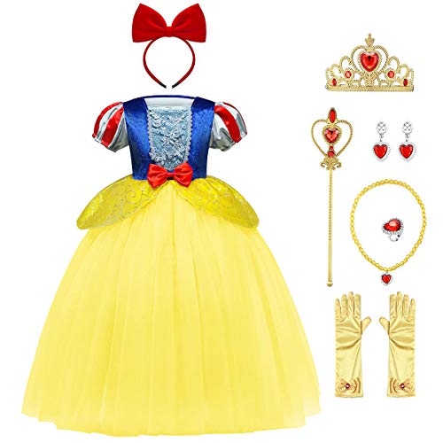 IMEKIS Kinder Mädchen Schneewittchen Kleid Prinzessin Kostüm Blume Bowknot Tutu Geburtstag Partykleid mit Märchen Zubehör Halloween Weihnachten Karneval Verkleidung Cosplay Outfit Blau 6-7 Jahre von IMEKIS