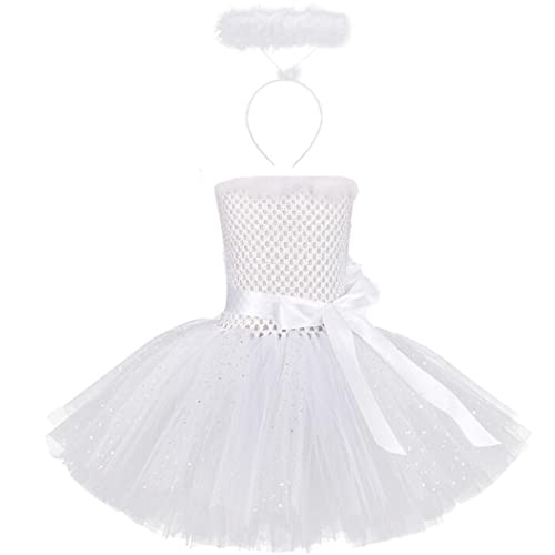 IMEKIS M?dchen Engel Teufel Kost?m Halloween Cosplay Verkleidung Prinzessin T?ll Tutu Kleid mit Stirnband Fee Geburtstag Karneval Party Outfit Wei?-2tlg 7-8 Jahre von IMEKIS