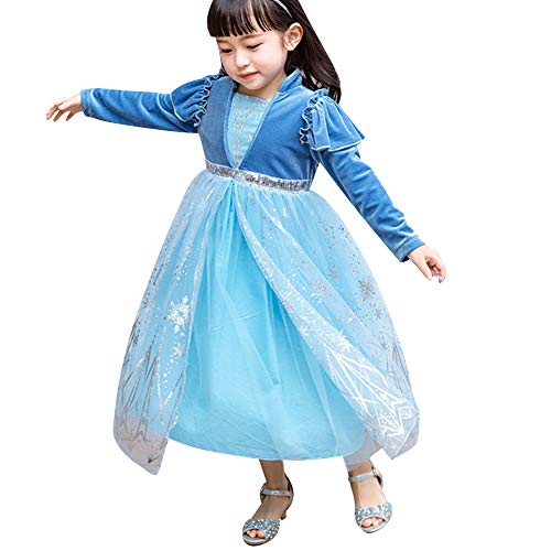 IMEKIS Mädchen Anna ELSA Kleid Prinzessin Eiskönigin Kostüm Halloween Karneval Verkleiden Langarm Pailletten Tüllkleid Weihnachten Geburtstag Cosplay Party Outfit von IMEKIS