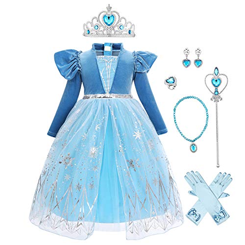 IMEKIS Mädchen Anna ELSA Kleid Prinzessin Eiskönigin Kostüm Halloween Karneval Verkleiden Langarm Pailletten Tüllkleid mit Zubehör Weihnachten Geburtstag Cosplay Party Outfit von IMEKIS