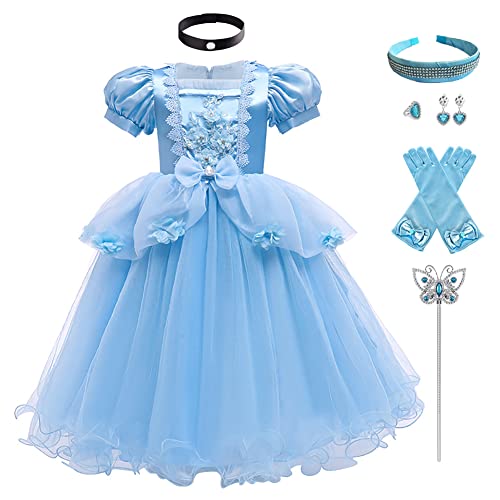 IMEKIS Mädchen Aschenputtel Kostüm Prinzessin Cinderella Schmetterling Kleid Halloween Verkleidung Karneval Cosplay Festlichkleid mit Fee Zubehör Hochzeit Geburtstag Party Outfit Blau 4-5 Jahre von IMEKIS