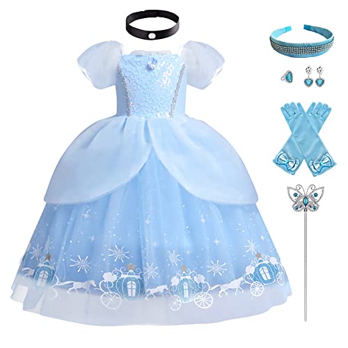 IMEKIS Mädchen Aschenputtel Kostüm Prinzessin Cinderella Schmetterling Kleid Halloween Verkleidung Karneval Cosplay Festlichkleid mit Fee Zubehör Hochzeit Geburtstag Party Outfit Blau 6-7 Jahre von IMEKIS