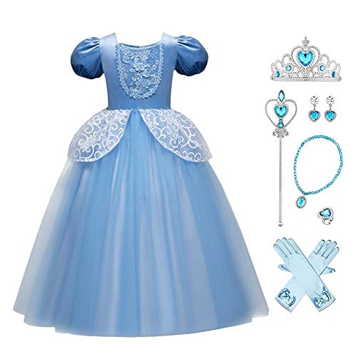 IMEKIS Mädchen Aschenputtel Kostüm Prinzessin Halloween Karneval Cosplay Verkleidung Kinder Festlich Spitze Tüllkleid mit Zubehör Geburtstag Outfit Blau 5-6 Jahre von IMEKIS