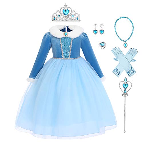 IMEKIS Mädchen Eiskönigin 2 Anna ELSA Kleid Prinzessin Schneekönigin Kostüm Weihnachten Karneval Cosplay Verkleiden Langarm Pailletten Schneeflocke Tüllkleid mit Zubehör Geburtstag Outfit von IMEKIS