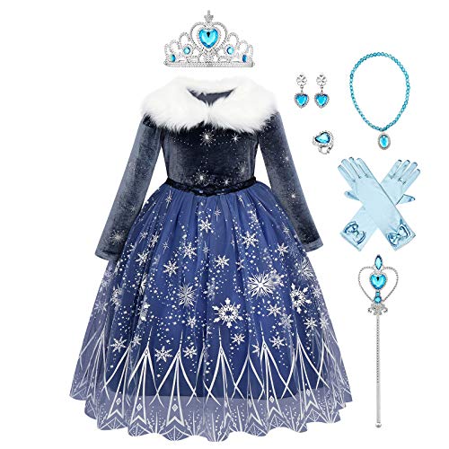 IMEKIS Mädchen Eiskönigin 2 Anna ELSA Kleid Prinzessin Schneekönigin Kostüm Weihnachten Karneval Cosplay Verkleiden Langarm Pailletten Schneeflocke Tüllkleid mit Zubehör Geburtstag Outfit von IMEKIS