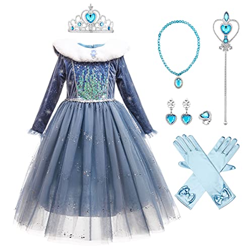 IMEKIS Mädchen Eiskönigin 2 Anna Elsa Kostüm Prinzessin Schneekönigin Halloween Karneval Cosplay Verkleiden Langarm Pailletten Schneeflocke Tüllkleid mit Zubehör Geburtstag Party Outfit 5-6 Jahre von IMEKIS