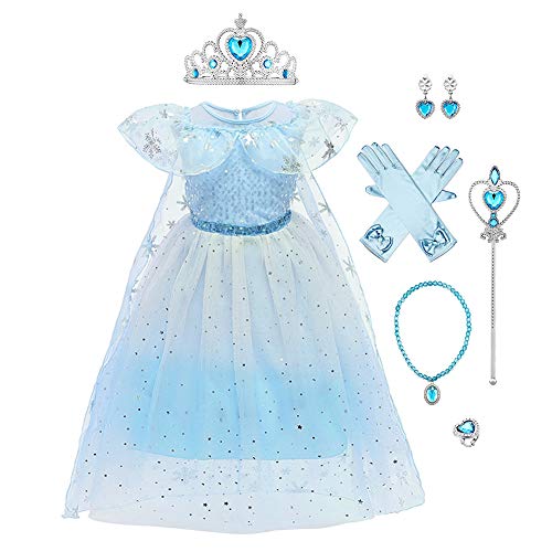 IMEKIS Mädchen Eiskönigin 2 Elsa Kleid Prinzessin Verkleidung Halloween Karneval Cosplay Kostüm Pailletten Schneeflocke Buntes Tüll Tutu mit Zubehör Fest Outfit Blau 2-3 Jahre von IMEKIS