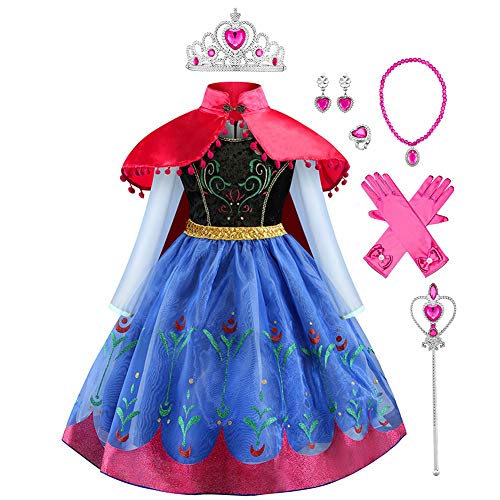 IMEKIS Mädchen Anna kleid Prinzessin Eiskönigin Kostüm Halloween Karneval Cosplay Verkleiden Blumen Geburtstag Festlich Partykleid Kinder Weihnachten Faschingskostüm mit Umhang Outfit Blau 7-8 Jahre von IMEKIS