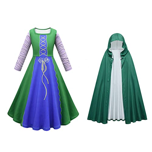 IMEKIS Mädchen Halloween Teufel Hexe Kostüm Winifred Sarah Mary Sanderson Fancy Cosplay Kleid Prinzessin Böse Königin Ankleiden mit Umhang Kind Geburtstag Karneval Party Outfit Grün 9-10 Jahre von IMEKIS