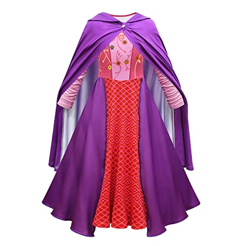 IMEKIS Mädchen Halloween Teufel Hexe Kostüm Winifred Sarah Mary Sanderson Fancy Cosplay Kleid Prinzessin Böse Königin Ankleiden mit Umhang Kind Geburtstag Karneval Party Outfit Rosa 6-7 Jahre von IMEKIS