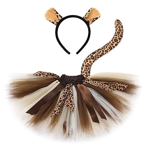 IMEKIS Mädchen Halloween Tier Kostüm Giraffe Tiger Zebra Affe Verkleidung Handgemachte Tüll Tutu Rock mit Ohr Stirnband Fliege und Schwanz Kinder Dschungel Outfit Braun-Leopard 1-2 Jahre von IMEKIS