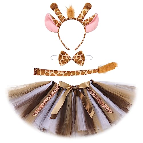 IMEKIS Mädchen Halloween Tier Kostüm Giraffe Tiger Zebra Affe Verkleidung Handgemachte Tüll Tutu Rock mit Ohr Stirnband Fliege und Schwanz Kinder Dschungel Outfit Braun-giraffe 3-4 Jahre von IMEKIS