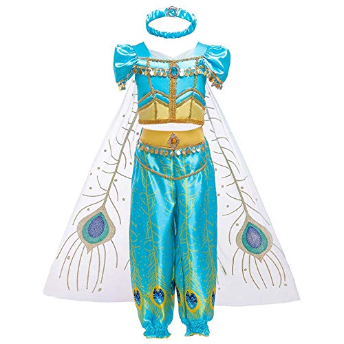 IMEKIS Mädchen Jasmin Kostüm Prinzessin Paillette Aladdin Arabische Tanzkleid Kinder Märchen Halloween Fest Verkleidung Weihnachten Karneval Cosplay Fasching Geburtstag Party Outfit Blau 4-5 Jahre von IMEKIS