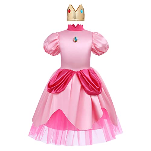 IMEKIS Mädchen Prinzessin Peach Kostüm Halloween Karneval Cosplay Verkleidung Kurzarm Rüsche Partykleid mit Krone Stirnband Kinder Weihnachten Faschingskostüm Fancy Geburtstag Outfit Rosa 9-10 Jahre von IMEKIS